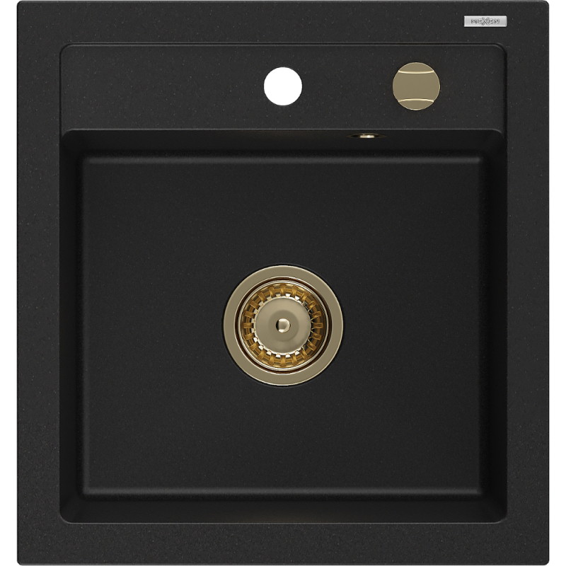 Mexen Vito granite kitchen sink single-bowl 520 x 490 mm, black, golden siphon - 6503521000-77-G