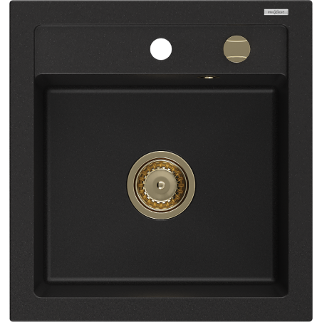 Mexen Vito granite kitchen sink 1-bowl 520 x 490 mm, black, gold siphon - 6503521000-77-G