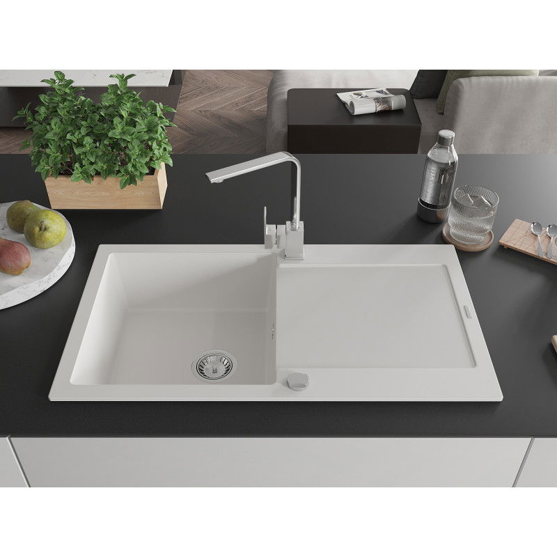 Mexen Leo 1-bowl granite sink with drainer and Rita kitchen tap, white - 6501-20-670300-00