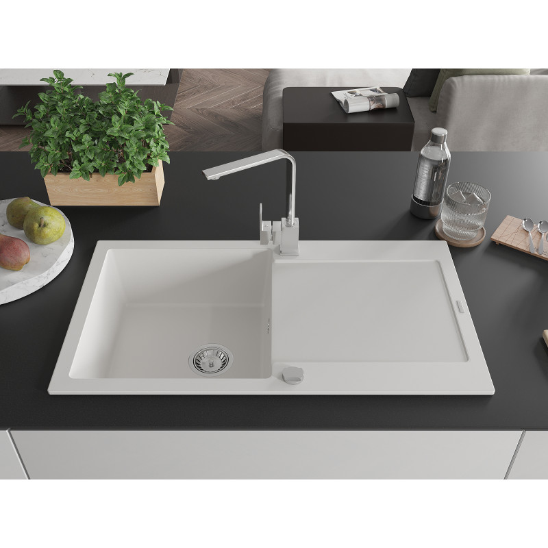 Mexen Leo granite kitchen sink 1-bowl with drainer and kitchen faucet Rita, white - 6501-20-670300-00