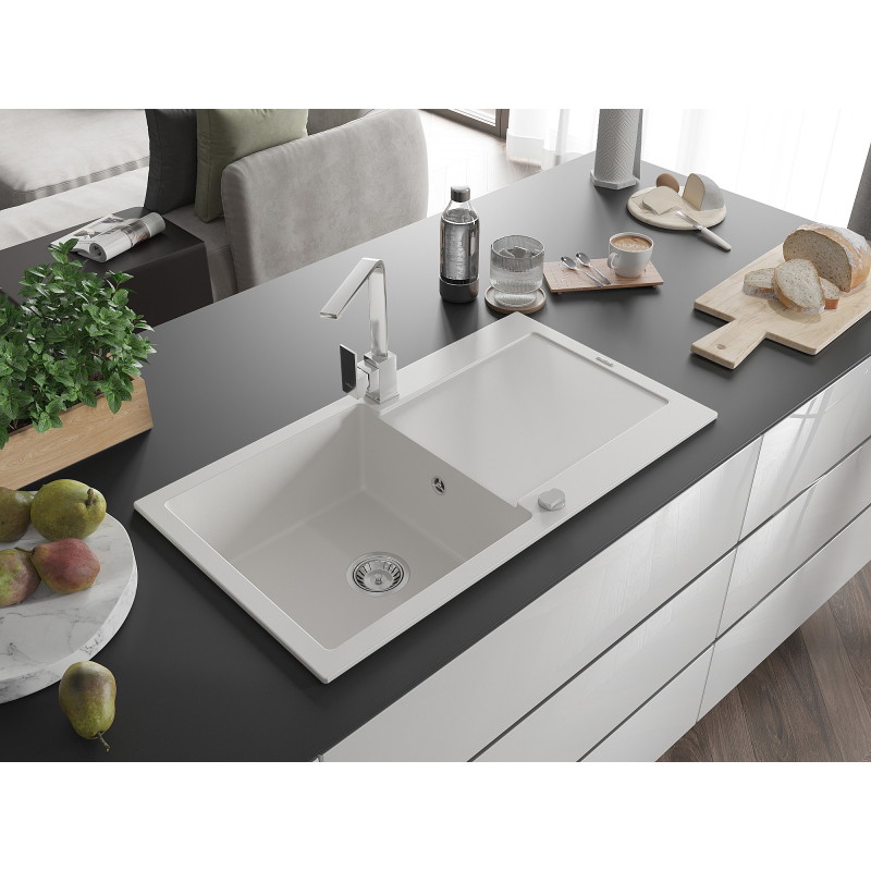 Mexen Leo 1-bowl granite sink with drainer and kitchen faucet Rita, white - 6501-20-670300-00