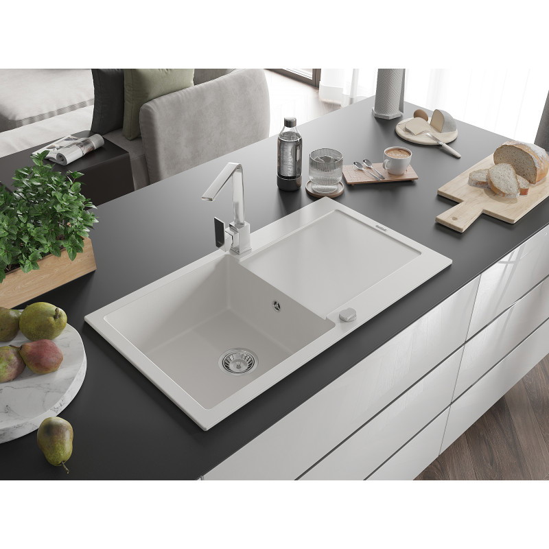 Mexen Leo granite kitchen sink 1-bowl with drainer and kitchen faucet Rita, white - 6501-20-670300-00