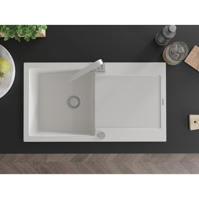 Mexen Leo granite kitchen sink 1-bowl with drainer and kitchen faucet Rita, white - 6501-20-670300-00