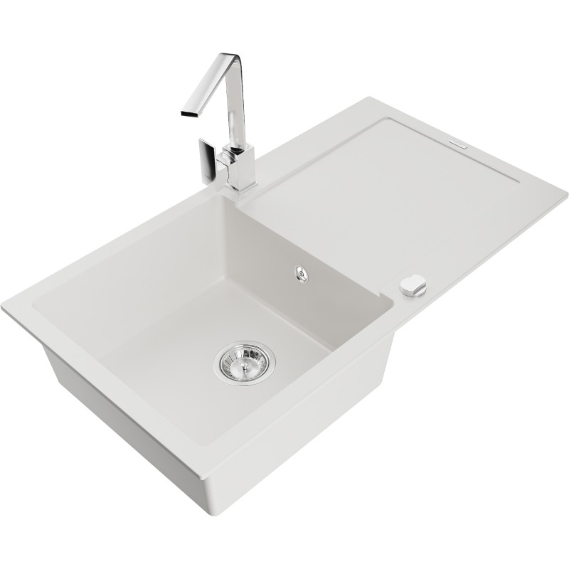 Mexen Leo 1-bowl granite sink with drainer and kitchen faucet Rita, white - 6501-20-670300-00