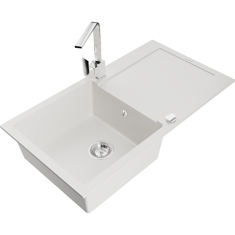 Mexen Leo granite kitchen sink 1-bowl with drainer and kitchen faucet Rita, white - 6501-20-670300-00