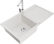 Mexen Leo 1-compartment granite sink with a drip tray and kitchen mixer tap Rita, White - 6501-20-670300-00