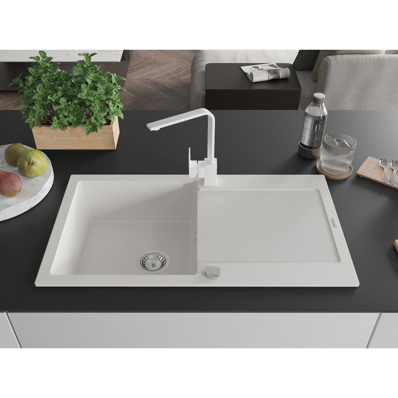 Mexen Leo 1-bowl granite sink with drainer and Rita kitchen tap, white - 6501-20-670300-20