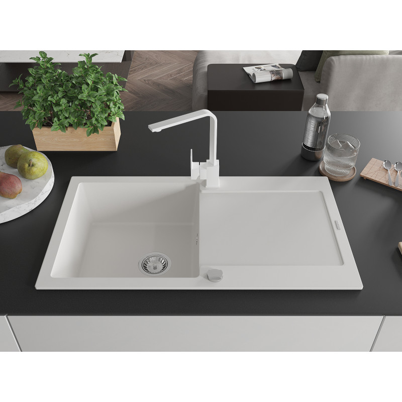 Mexen Leo granite sink 1-bowl with drainer and kitchen faucet Rita, white - 6501-20-670300-20