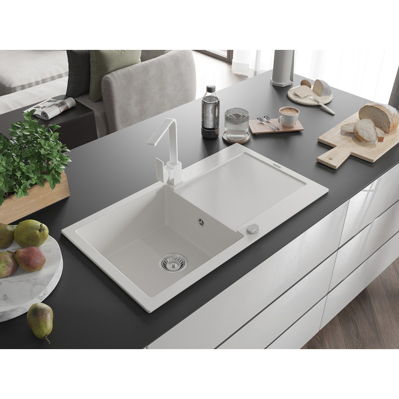 Mexen Leo 1-bowl granite sink with drainer and Rita kitchen faucet, white - 6501-20-670300-20