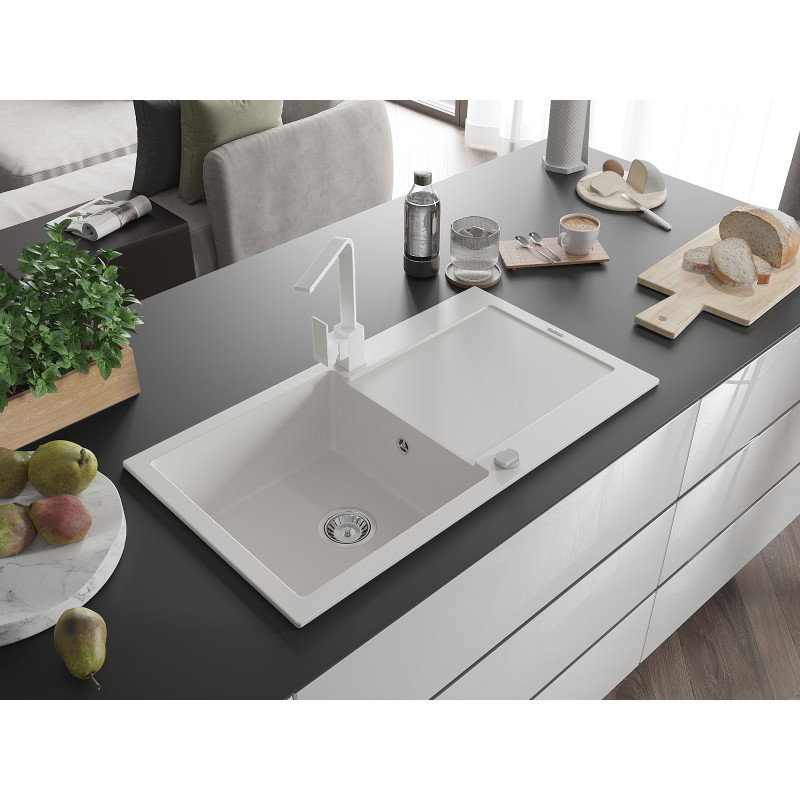 Mexen Leo granite sink 1-bowl with drainer and kitchen faucet Rita, white - 6501-20-670300-20