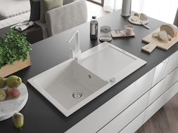 Mexen Leo 1-compartment granite sink with a drip tray and kitchen mixer tap Rita, White - 6501-20-670300-20