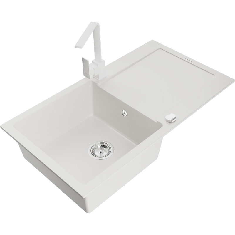 Mexen Leo 1-bowl granite sink with drainer and Rita kitchen faucet, white - 6501-20-670300-20