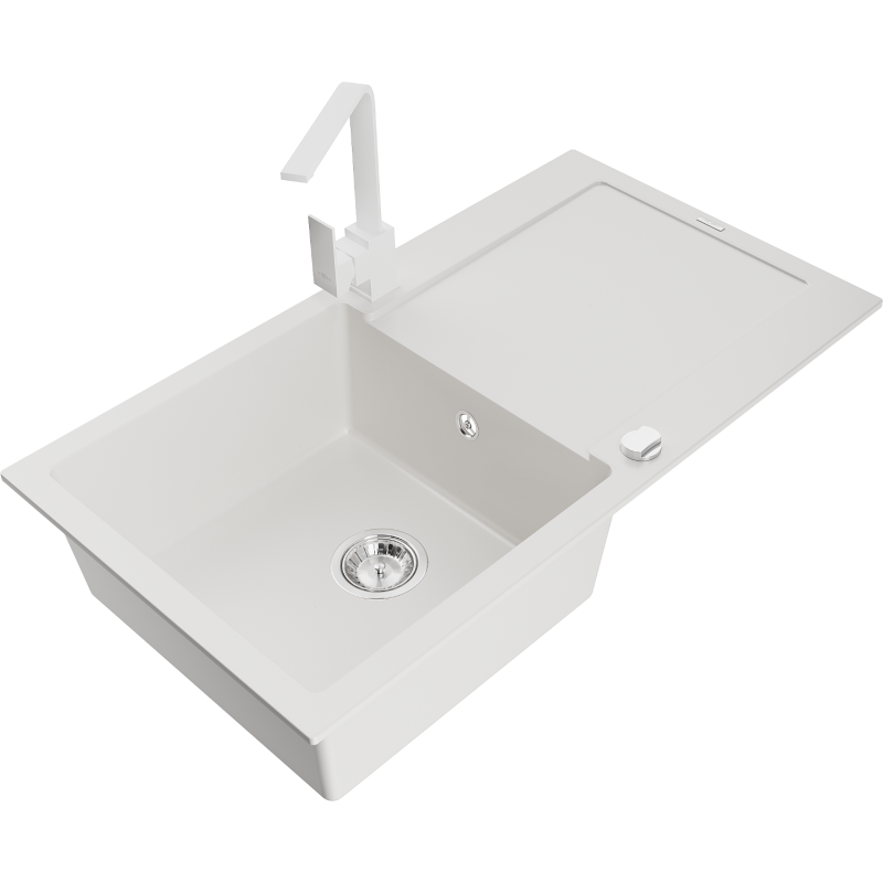 Mexen Leo 1-compartment granite sink with a drip tray and kitchen mixer tap Rita, White - 6501-20-670300-20