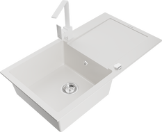 Mexen Leo 1-compartment granite sink with a drip tray and kitchen mixer tap Rita, White - 6501-20-670300-20