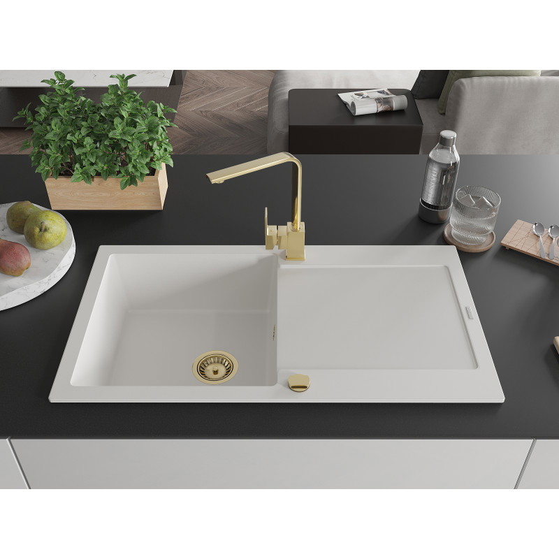 Mexen Leo granite 1-bowl sink with drainer and kitchen faucet Rita, white - 6501-20-670300-50