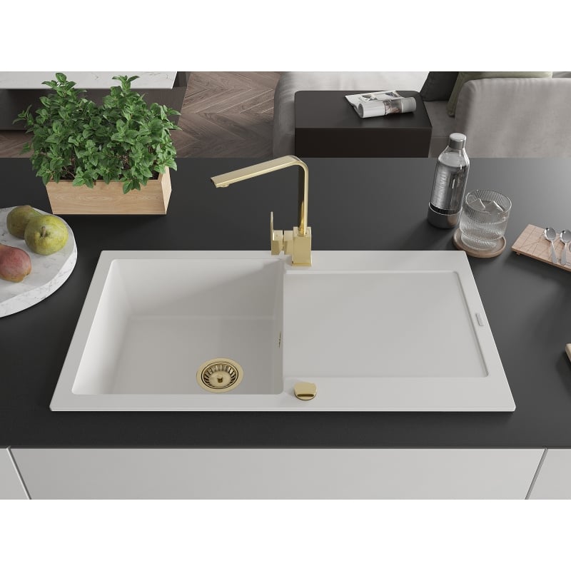 Mexen Leo granite single-bowl sink with drainer and Rita kitchen faucet, white - 6501-20-670300-50