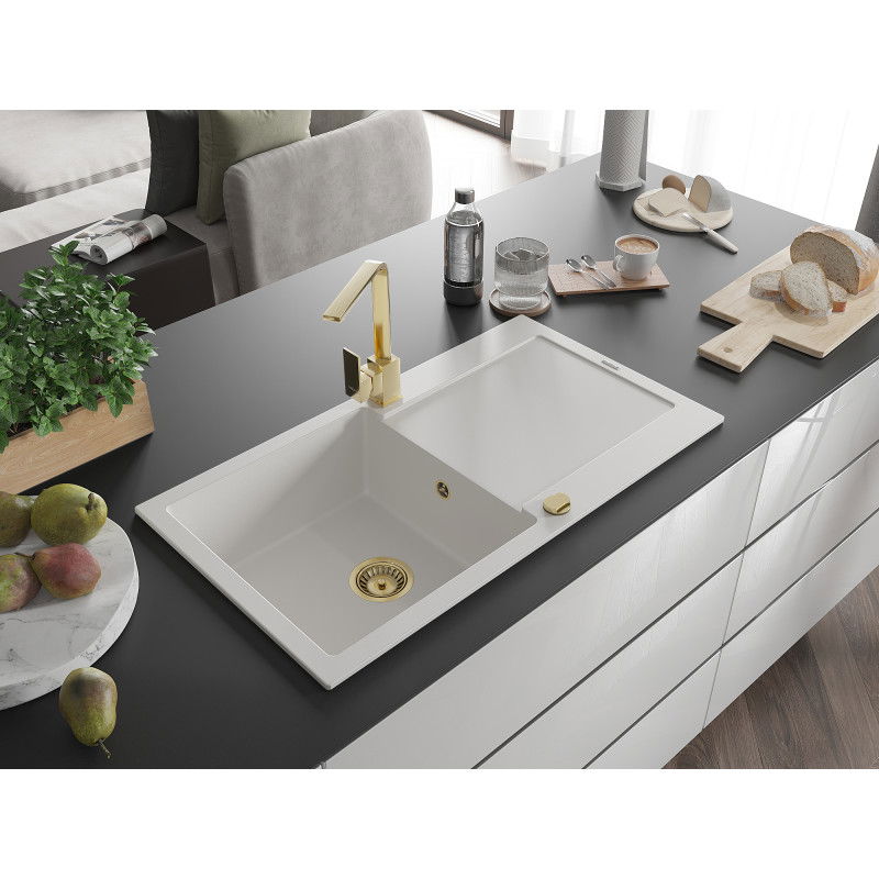 Mexen Leo 1-bowl granite kitchen sink with drainer and Rita kitchen tap, white - 6501-20-670300-50