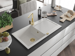 Mexen Leo 1-bowl granite kitchen sink with drainer and Rita kitchen tap, white - 6501-20-670300-50