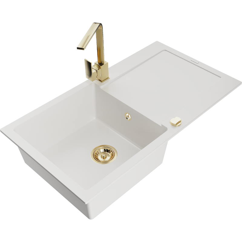 Mexen Leo 1-compartment granite sink with a drip tray and kitchen mixer tap Rita, White - 6501-20-670300-50