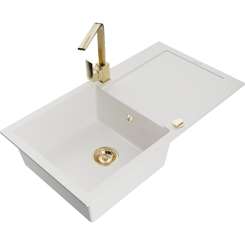 Mexen Leo granite 1-bowl sink with drainer and kitchen faucet Rita, white - 6501-20-670300-50
