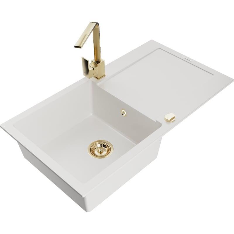 Mexen Leo granite single-bowl sink with drainer and Rita kitchen faucet, white - 6501-20-670300-50