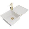 Mexen Leo 1-bowl granite kitchen sink with drainer and Rita kitchen tap, white - 6501-20-670300-50