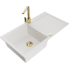 Mexen Leo 1-compartment granite sink with a drip tray and kitchen mixer tap Rita, White - 6501-20-670300-50