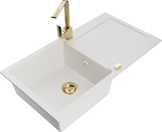 Mexen Leo 1-compartment granite sink with a drip tray and kitchen mixer tap Rita, White - 6501-20-670300-50