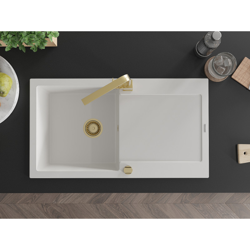 Mexen Leo granite 1-bowl sink with drainer and kitchen faucet Rita, white - 6501-20-670300-50