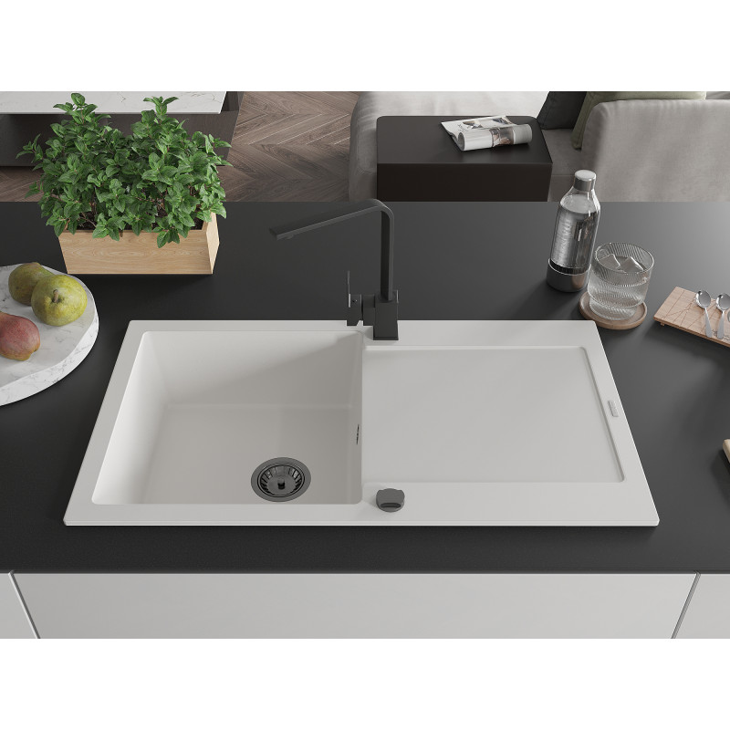 Mexen Leo granite kitchen sink 1-bowl with drainer and Rita kitchen faucet, white - 6501-20-670300-70