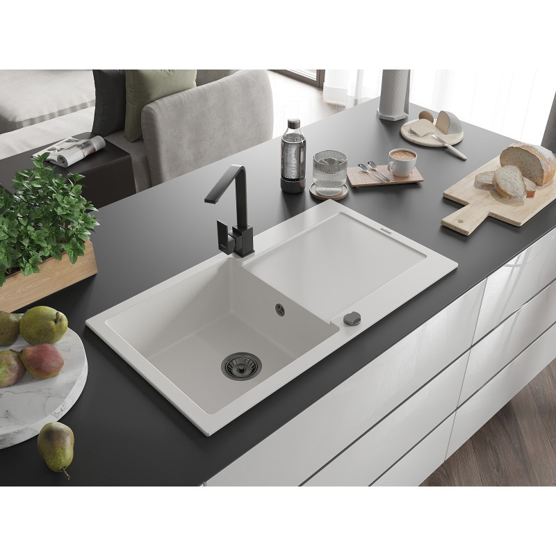 Mexen Leo granite kitchen sink 1-bowl with drainer and Rita kitchen faucet, white - 6501-20-670300-70