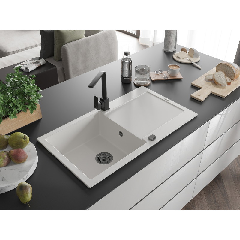 Mexen Leo granite sink 1-bowl with drainer and Ritakitchen faucet, white - 6501-20-670300-70