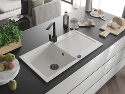 Mexen Leo 1-compartment granite sink with a drip tray and kitchen mixer tap Rita, White - 6501-20-670300-70