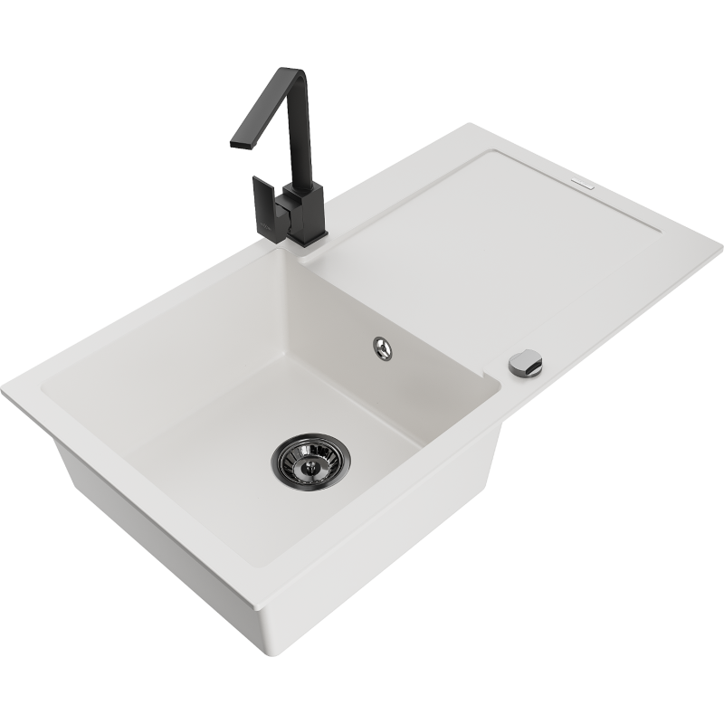 Mexen Leo granite kitchen sink 1-bowl with drainer and Rita kitchen faucet, white - 6501-20-670300-70
