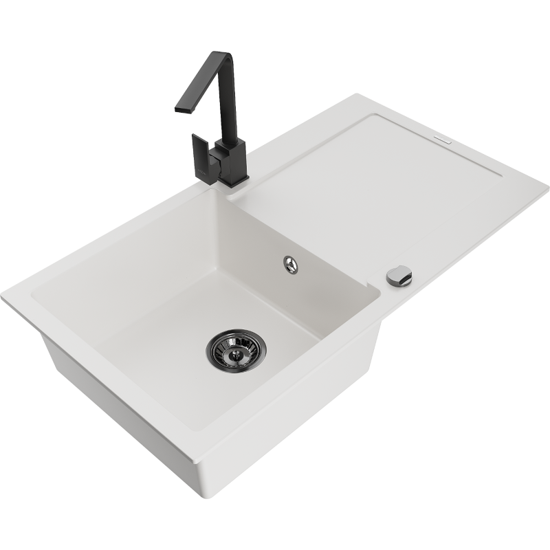 Mexen Leo granite sink 1-bowl with drainer and kitchen tap Rita, white - 6501-20-670300-70