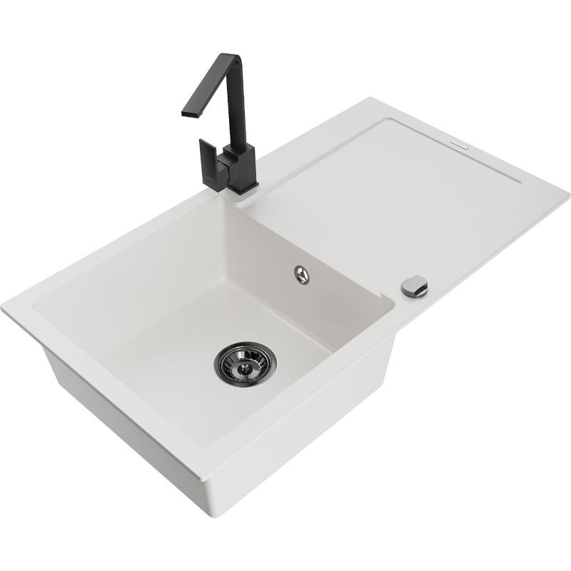 Mexen Leo granite sink 1-bowl with drainer and Ritakitchen faucet, white - 6501-20-670300-70