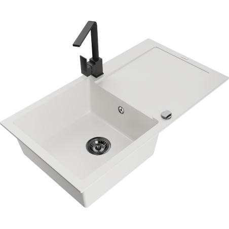 Mexen Leo granite kitchen sink 1-bowl with drainer and Rita kitchen faucet, white - 6501-20-670300-70