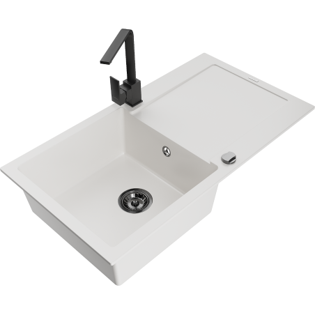 Mexen Leo granite sink 1-bowl with drainer and kitchen tap Rita, white - 6501-20-670300-70