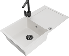 Mexen Leo 1-compartment granite sink with a drip tray and kitchen mixer tap Rita, White - 6501-20-670300-70
