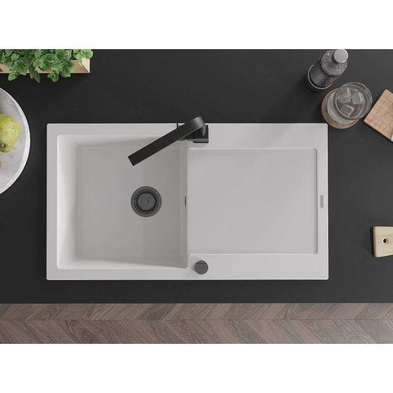 Mexen Leo granite kitchen sink 1-bowl with drainer and Rita kitchen faucet, white - 6501-20-670300-70