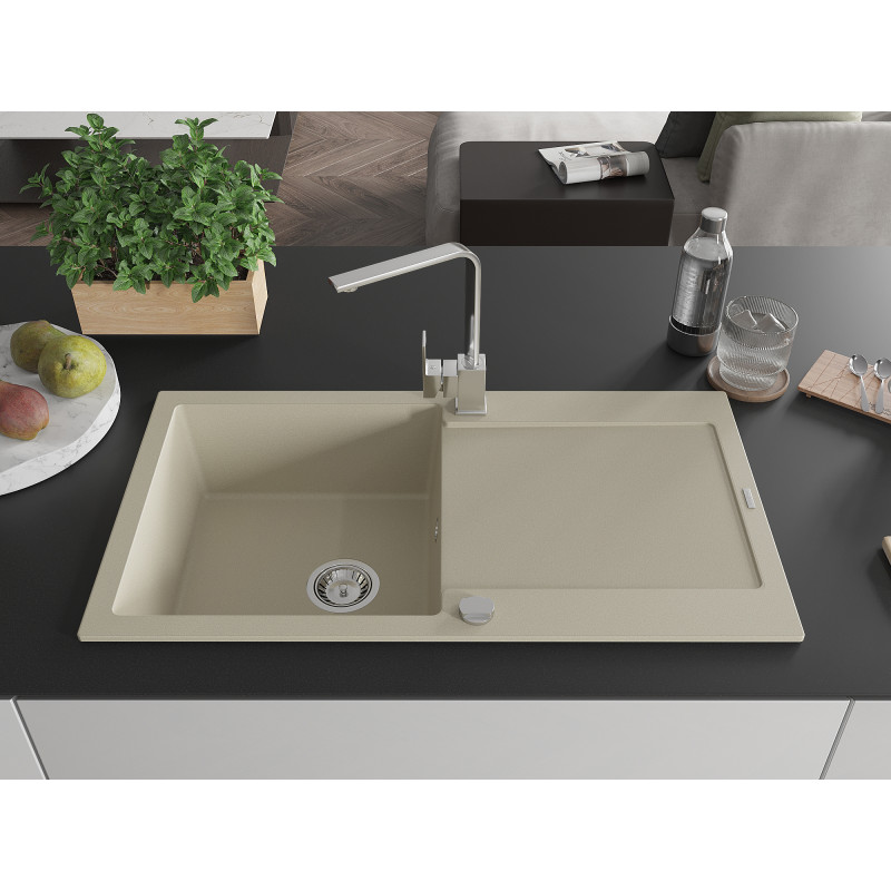 Mexen Leo granite sink 1-bowl with drainer and kitchen faucet Rita, beige - 6501-69-670300-00