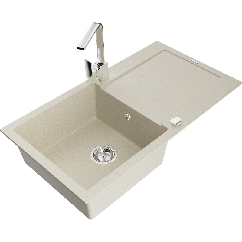Mexen Leo granit kitchen sink 1-bowl with drainer and Rita kitchen faucet, beige - 6501-69-670300-00