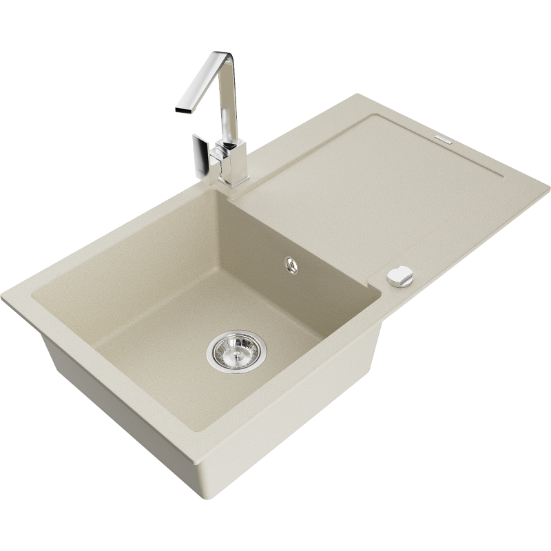Mexen Leo granite kitchen sink 1-bowl with drainer and Rita kitchen tap, beige - 6501-69-670300-00