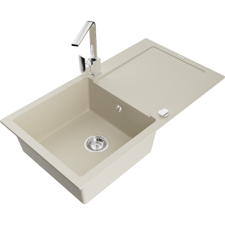 Mexen Leo 1-compartment granite sink with a drip tray and kitchen mixer tap Rita, Beige - 6501-69-670300-00
