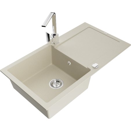 Mexen Leo granite kitchen sink 1-bowl with drainer and Rita kitchen tap, beige - 6501-69-670300-00