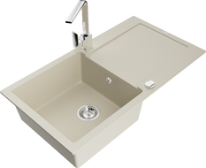Mexen Leo granit kitchen sink 1-bowl with drainer and Rita kitchen faucet, beige - 6501-69-670300-00