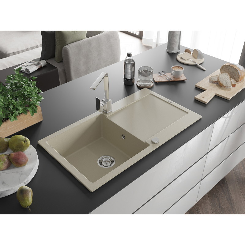 Mexen Leo granit kitchen sink 1-bowl with drainer and Rita kitchen faucet, beige - 6501-69-670300-00