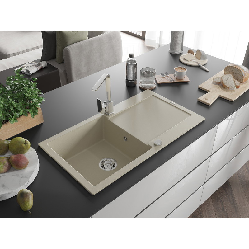 Mexen Leo granite sink 1-bowl with drainer and kitchen faucet Rita, beige - 6501-69-670300-00