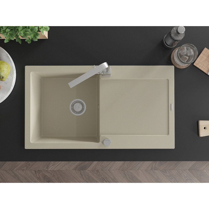 Mexen Leo granit kitchen sink 1-bowl with drainer and Rita kitchen faucet, beige - 6501-69-670300-00