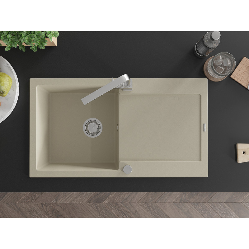 Mexen Leo granite sink 1-bowl with drainer and kitchen faucet Rita, beige - 6501-69-670300-00